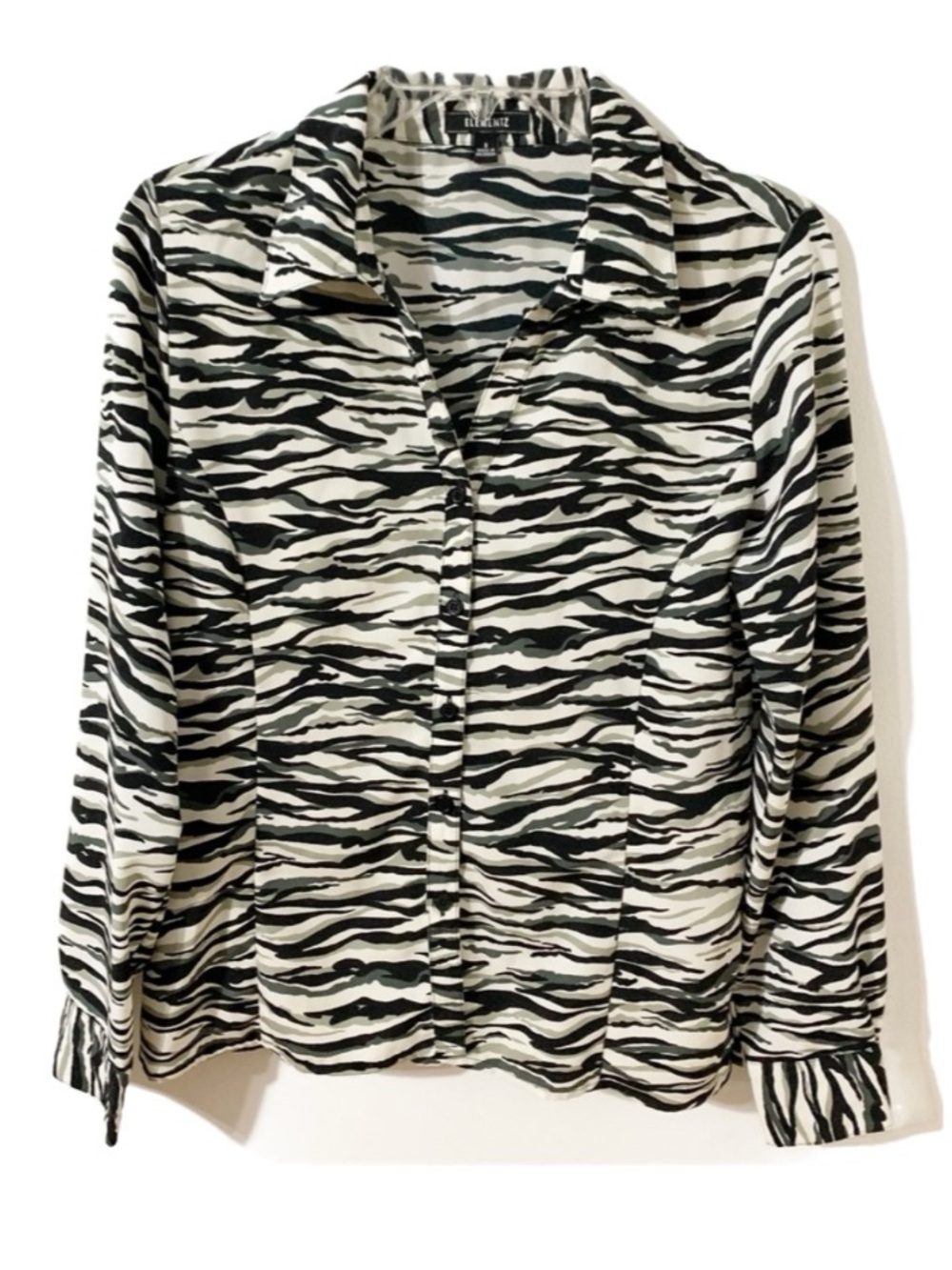 Elementz Zebra Striped Button Front Blouse Pointed Collar Cuffs Side Vents ⬛️⬜️